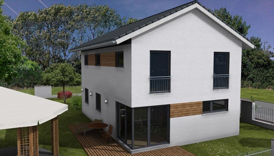 Visualisierung Haus Meran: Satteldach-Einfamilienhaus von PERFEKT-Haus mit Holzakzenten und Terrasse, Gartenseite