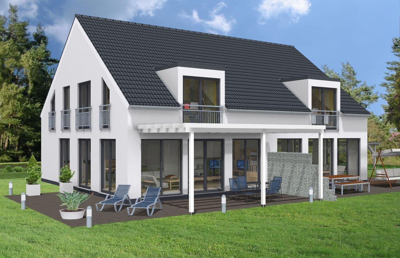 Visualisierung Haus Wien: Doppelhaus von PERFEKT-Haus mit überdachten Terrassen und Balkonen, Gartenseite